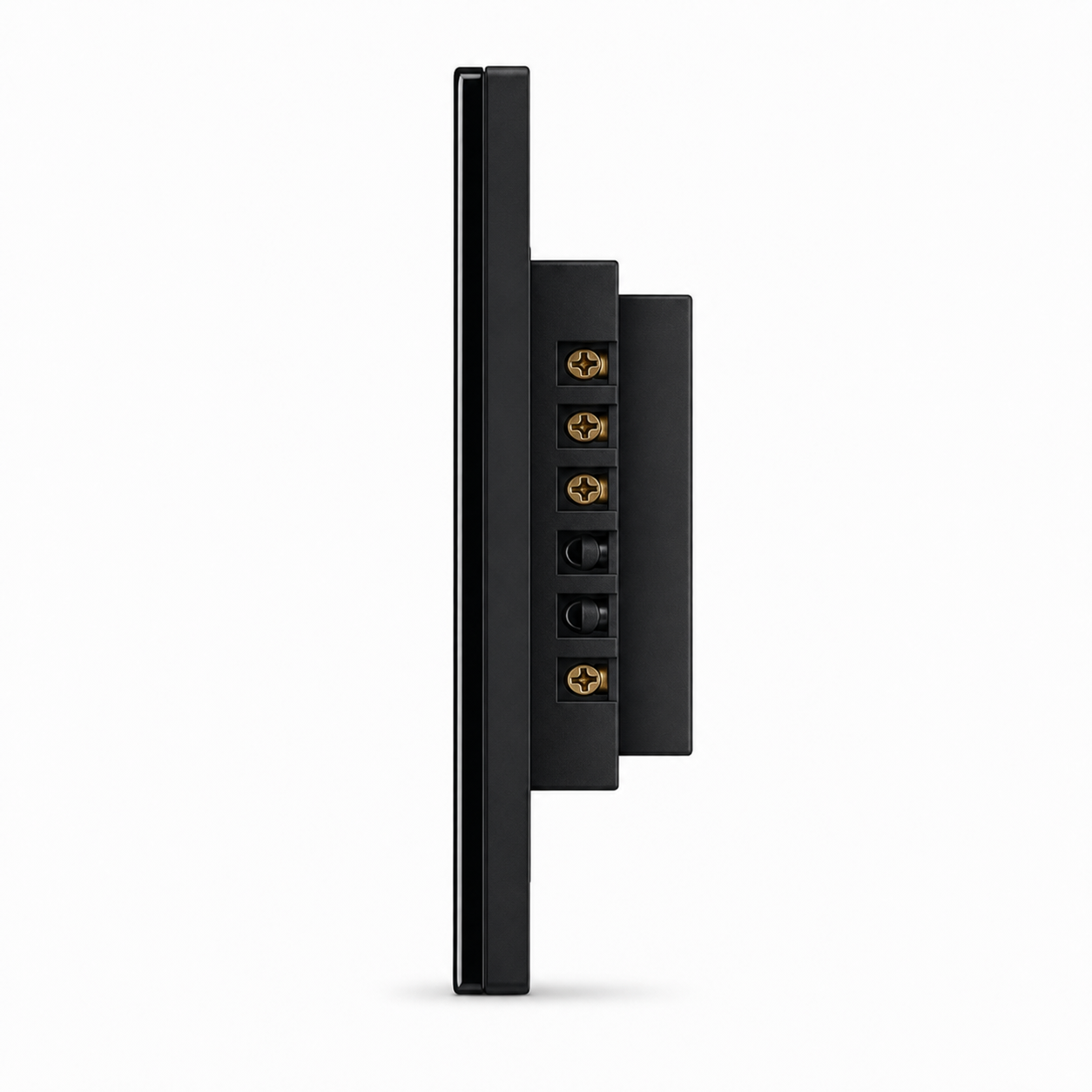 Side profile of black dimmer showing rear wiring terminals