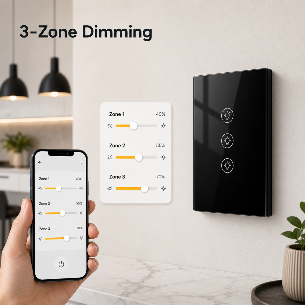 Black three-touch Wi-Fi dimmer with generic mobile app control