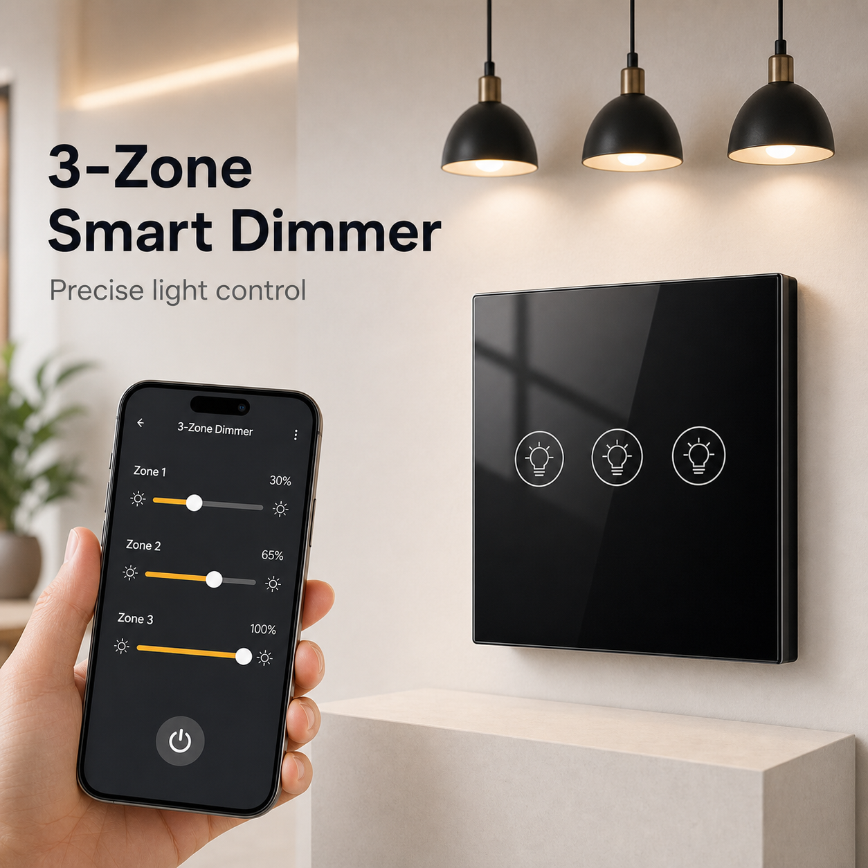 Black three-zone smart dimmer with phone control and pendant lights