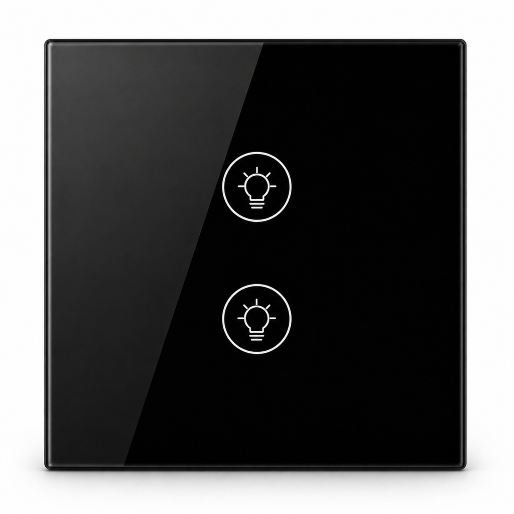 Studio packshot of black two-touch Wi-Fi dimmer switch