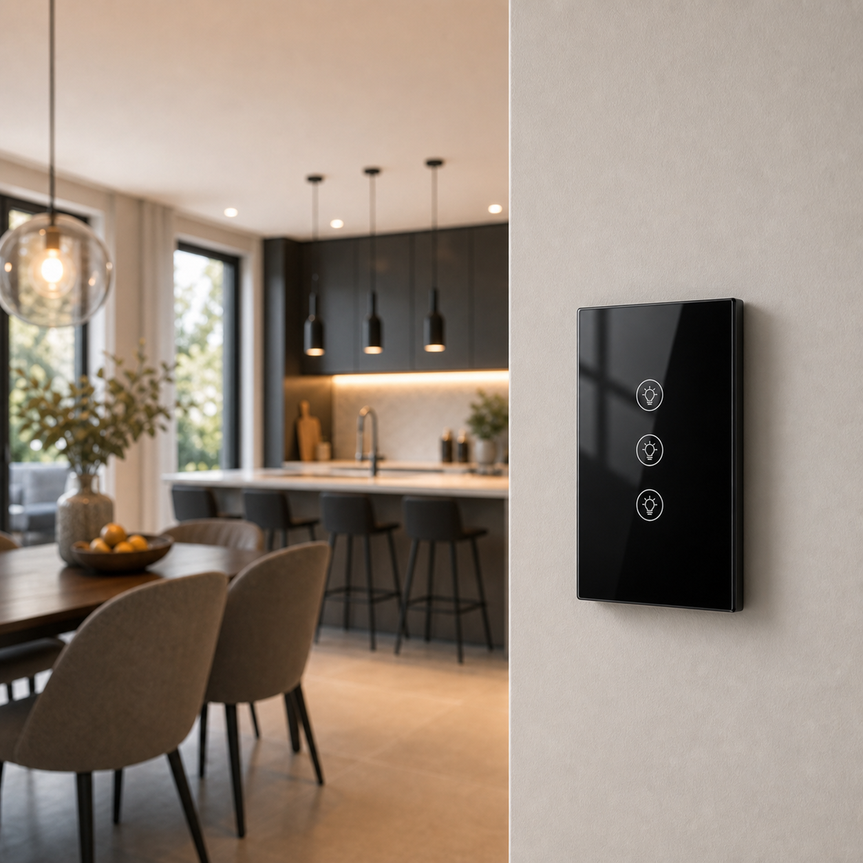 Black three-touch dimmer installed near a modern open kitchen