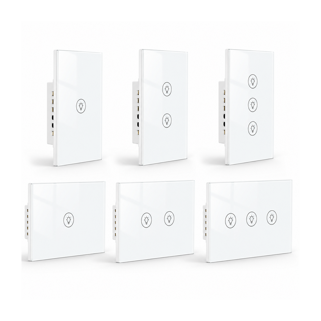 Gamme NéoMulti Dimmer blanche avec modèles un, deux et trois canaux sur fond blanc.