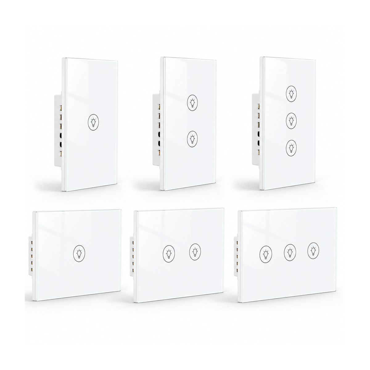 Gamme NéoMulti Dimmer blanche avec modèles un, deux et trois canaux sur fond blanc.