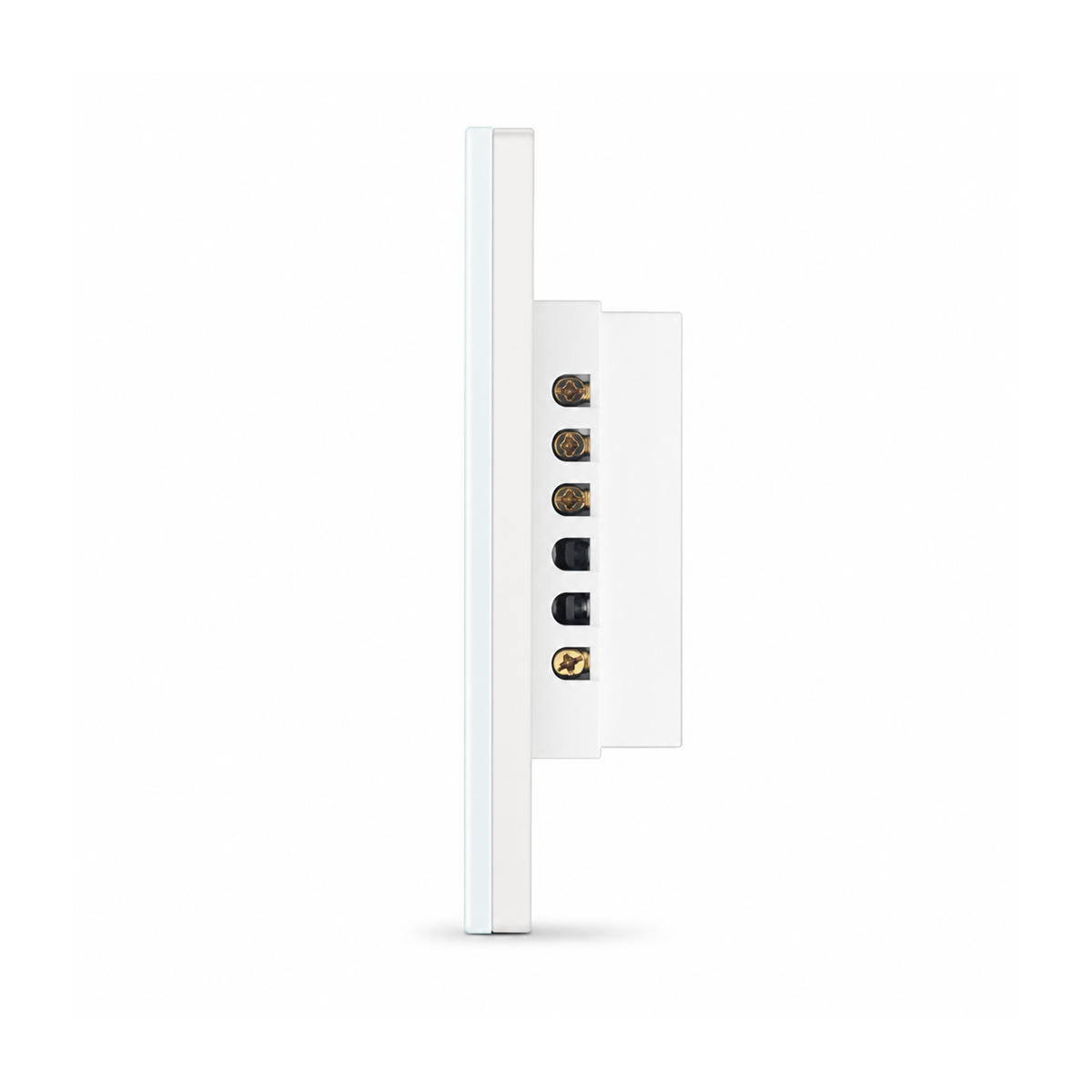Variateur Wi-Fi NéoMulti Dimmer blanc vu de profil avec bornier de connexion visible sur fond blanc.