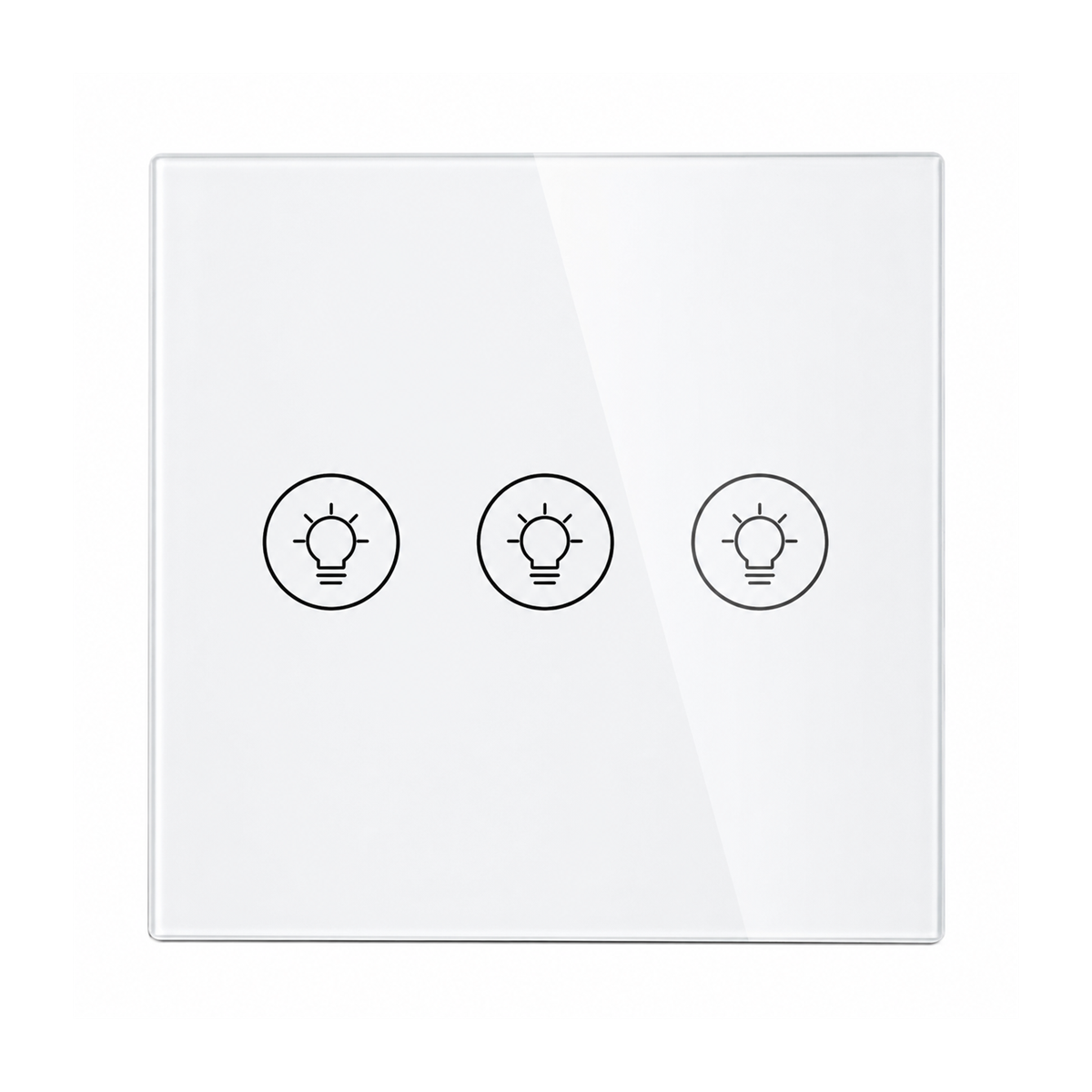 Variateur Wi-Fi NéoMulti Dimmer blanc à trois canaux avec façade tactile brillante sur fond blanc.