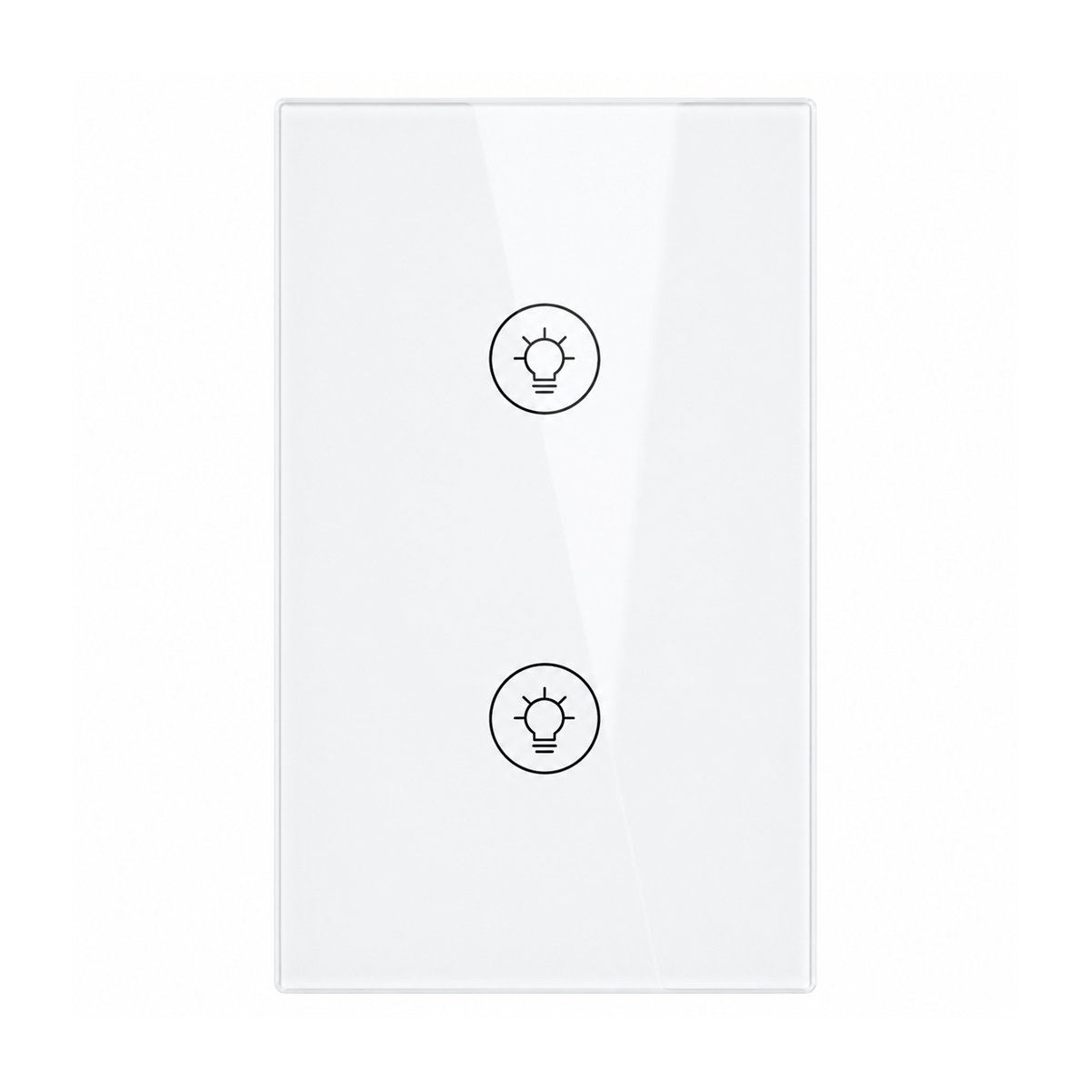 Variateur Wi-Fi NéoMulti Dimmer blanc vertical à deux canaux avec façade tactile brillante sur fond blanc.