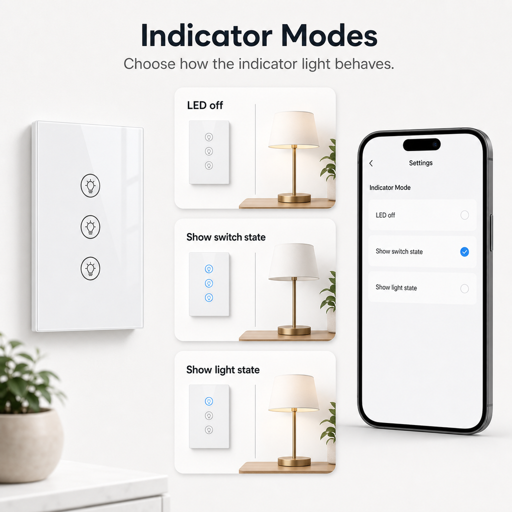 Generic app settings showing indicator light modes for the dimmer