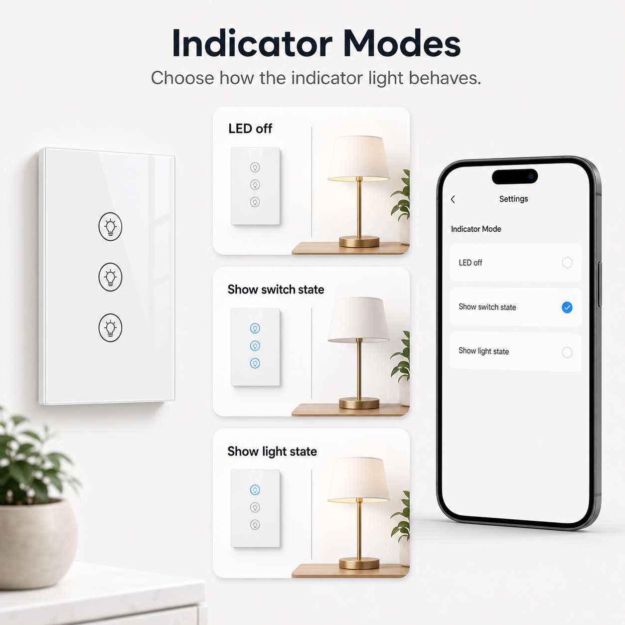 Generic app settings showing indicator light modes for the dimmer