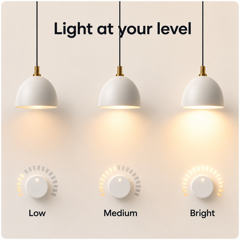 Three pendant lights showing low medium and bright dimming levels