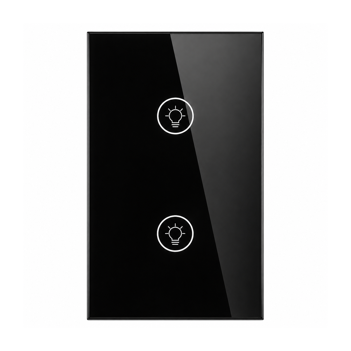 Variateur Wi-Fi NéoMulti Dimmer noir vertical à deux canaux avec façade tactile brillante sur fond blanc.