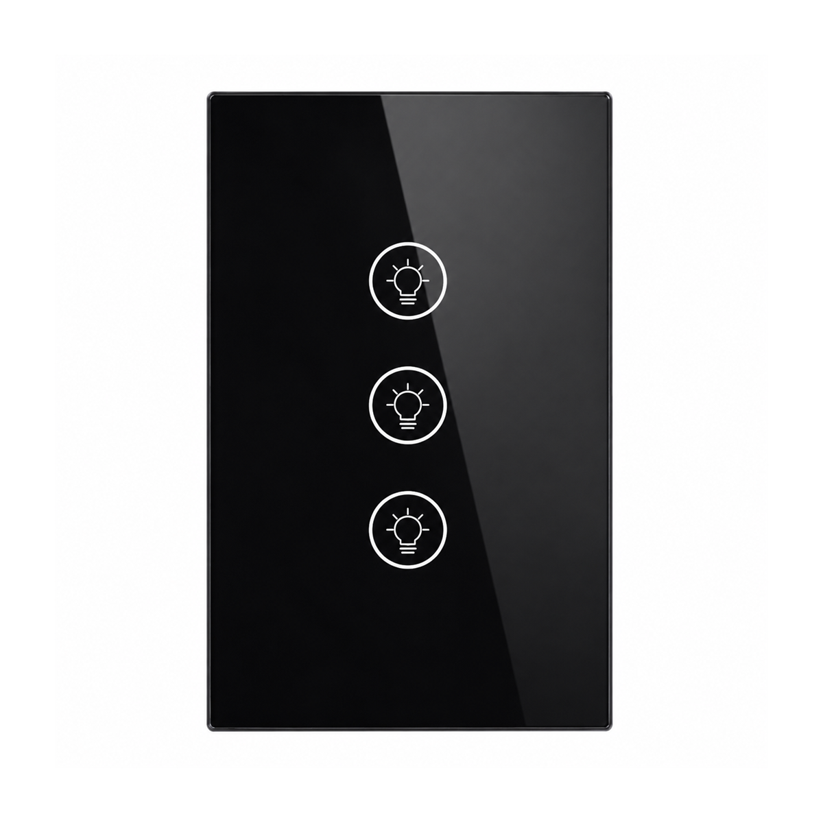 Variateur Wi-Fi NéoMulti Dimmer noir vertical à trois canaux avec façade tactile brillante sur fond blanc.