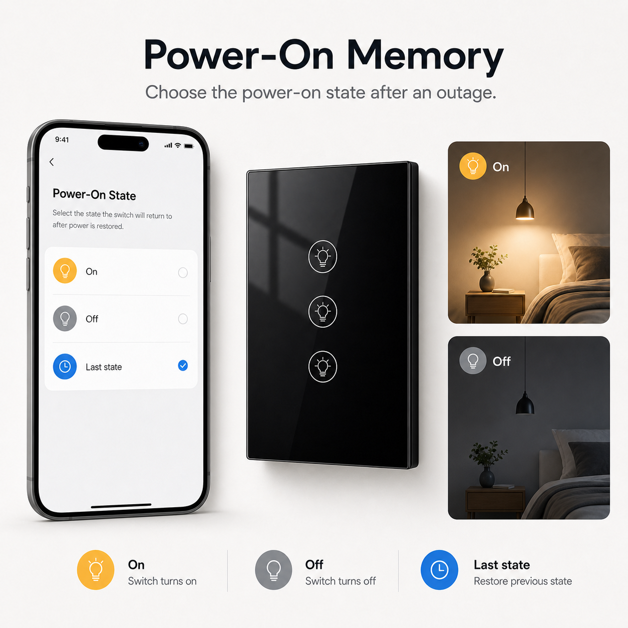 Power-on memory settings for the black three-touch dimmer