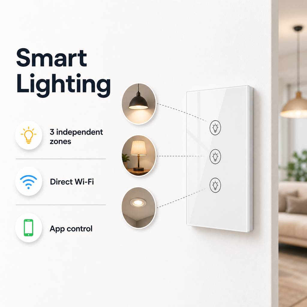 Smart lighting infographic showing three independent dimmer zones