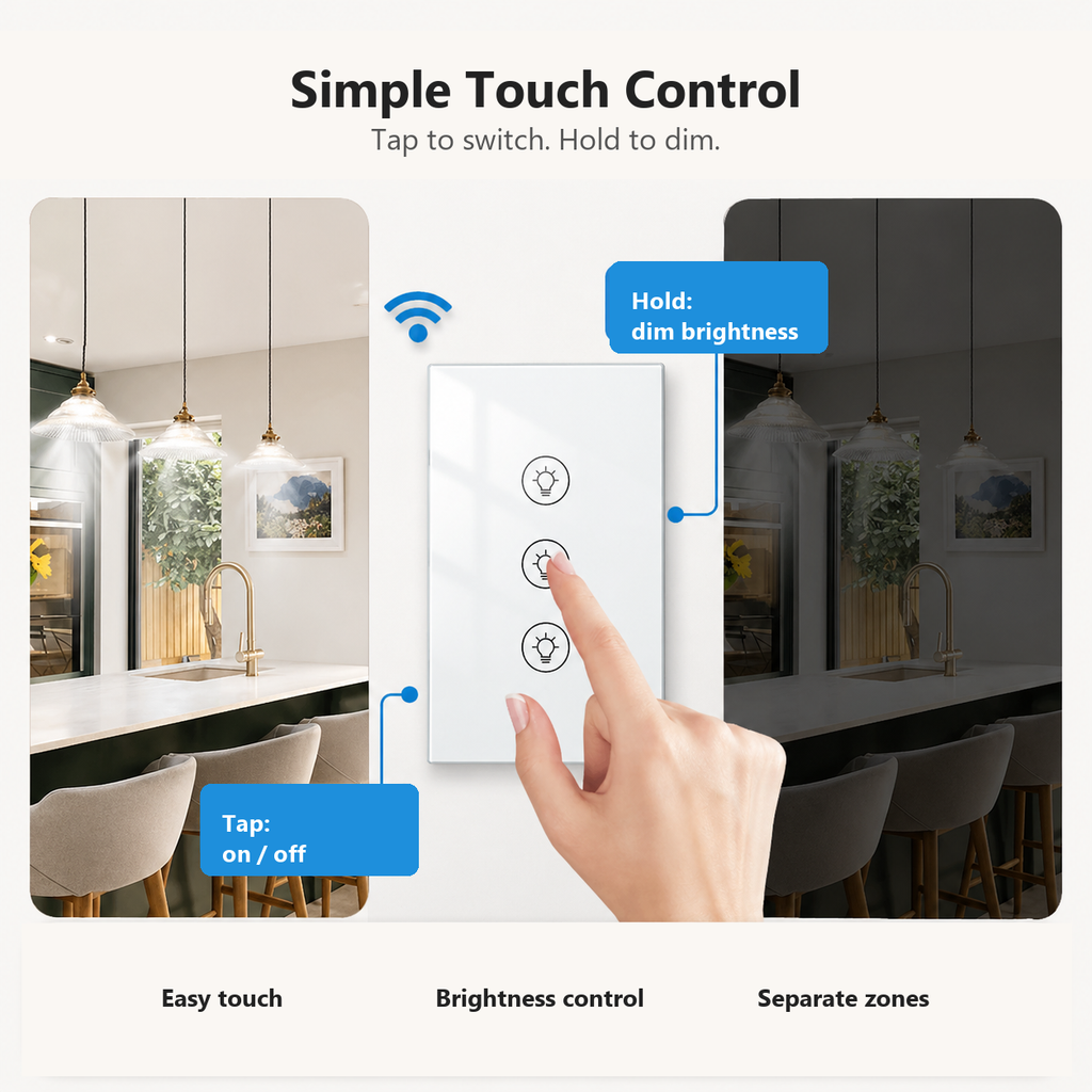 Touch control guide showing tap and hold gestures on white dimmer