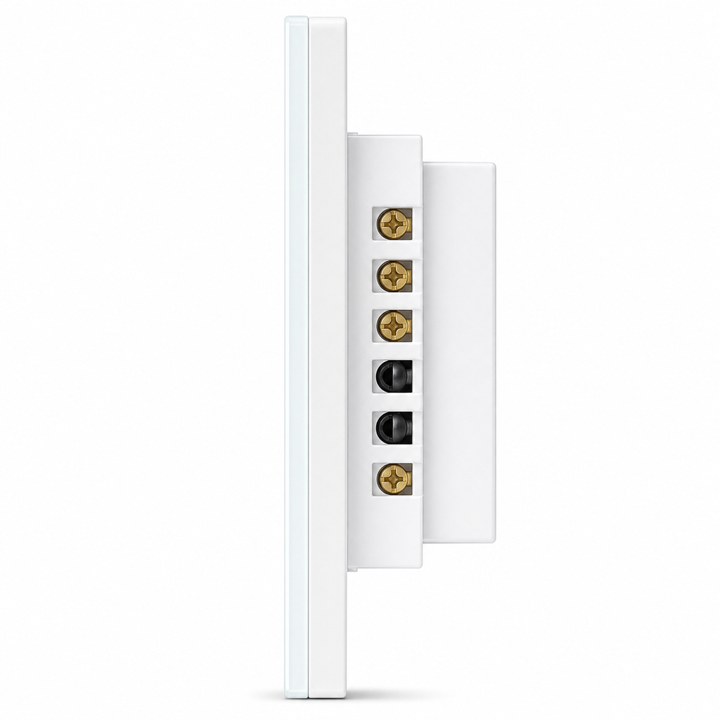 Close side profile of white dimmer connector and terminals