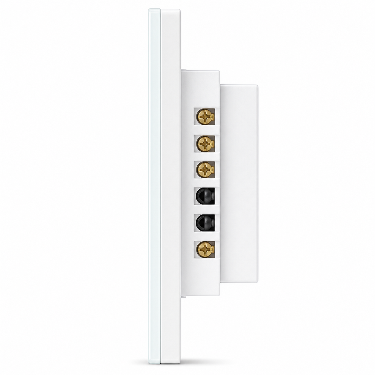 Close side profile of white dimmer connector and terminals