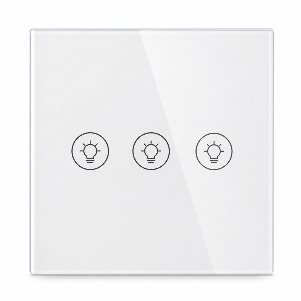 Studio packshot of white three-touch Wi-Fi dimmer switch