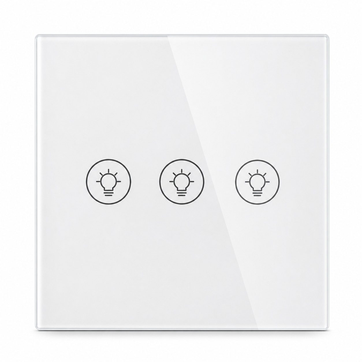 Studio packshot of white three-touch Wi-Fi dimmer switch