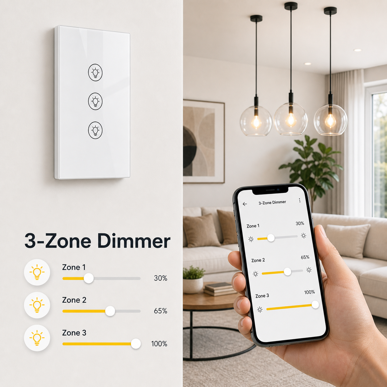 White dimmer with smartphone sliders for three lighting zones