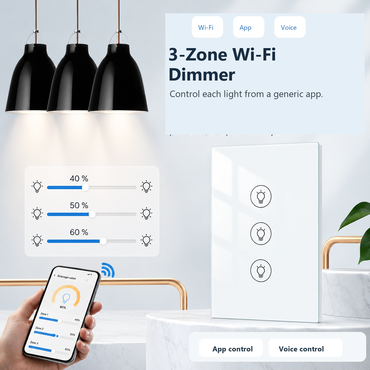 White three-zone Wi-Fi dimmer with generic app controls