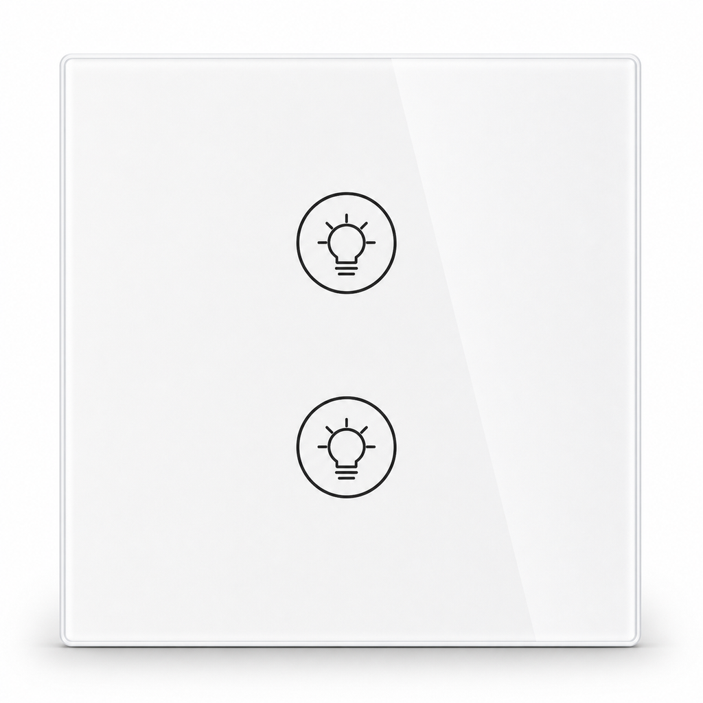 Studio packshot of white two-touch Wi-Fi dimmer switch