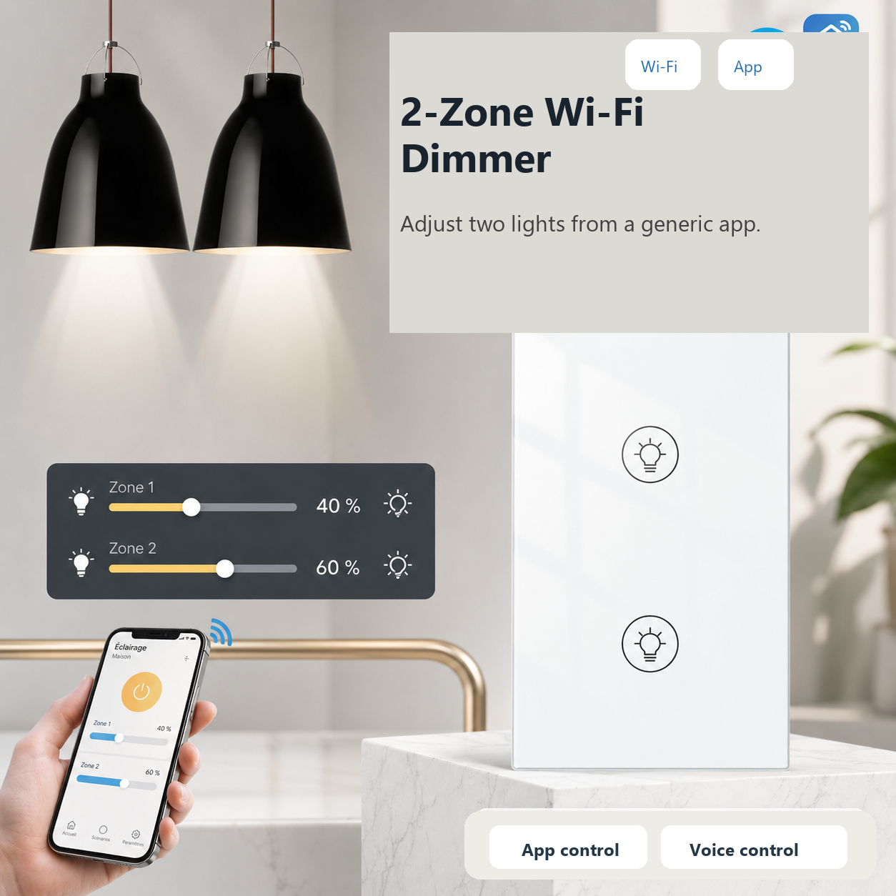 White two-zone Wi-Fi dimmer with generic app control