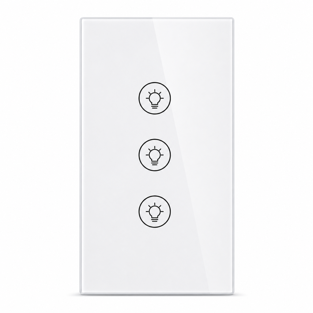 Studio packshot of white vertical three-touch Wi-Fi dimmer