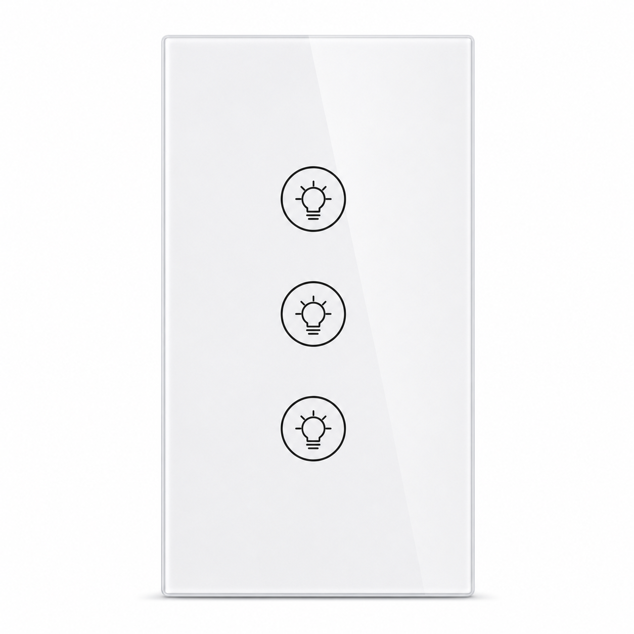 Studio packshot of white vertical three-touch Wi-Fi dimmer