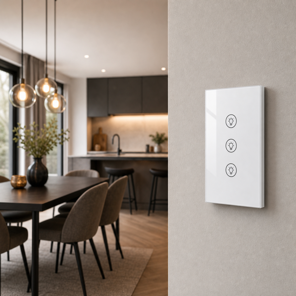 White three-touch dimmer installed beside a dining room and kitchen