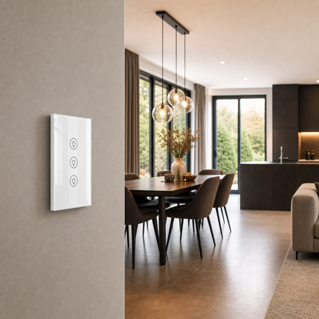 White three-touch dimmer installed on a modern dining room wall