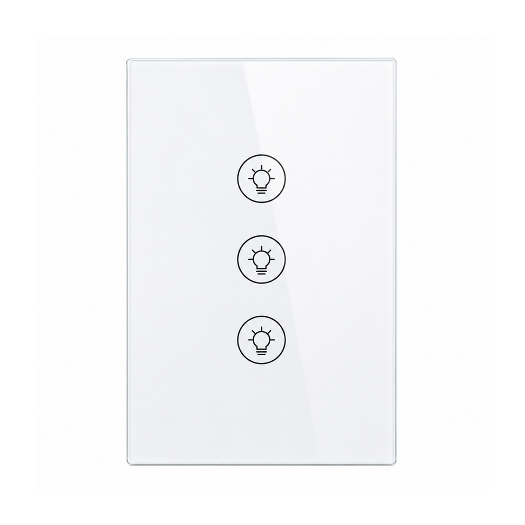 Variateur NéoMulti ZigBee Dimmer format EU blanc à trois canaux avec façade tactile sur fond blanc.