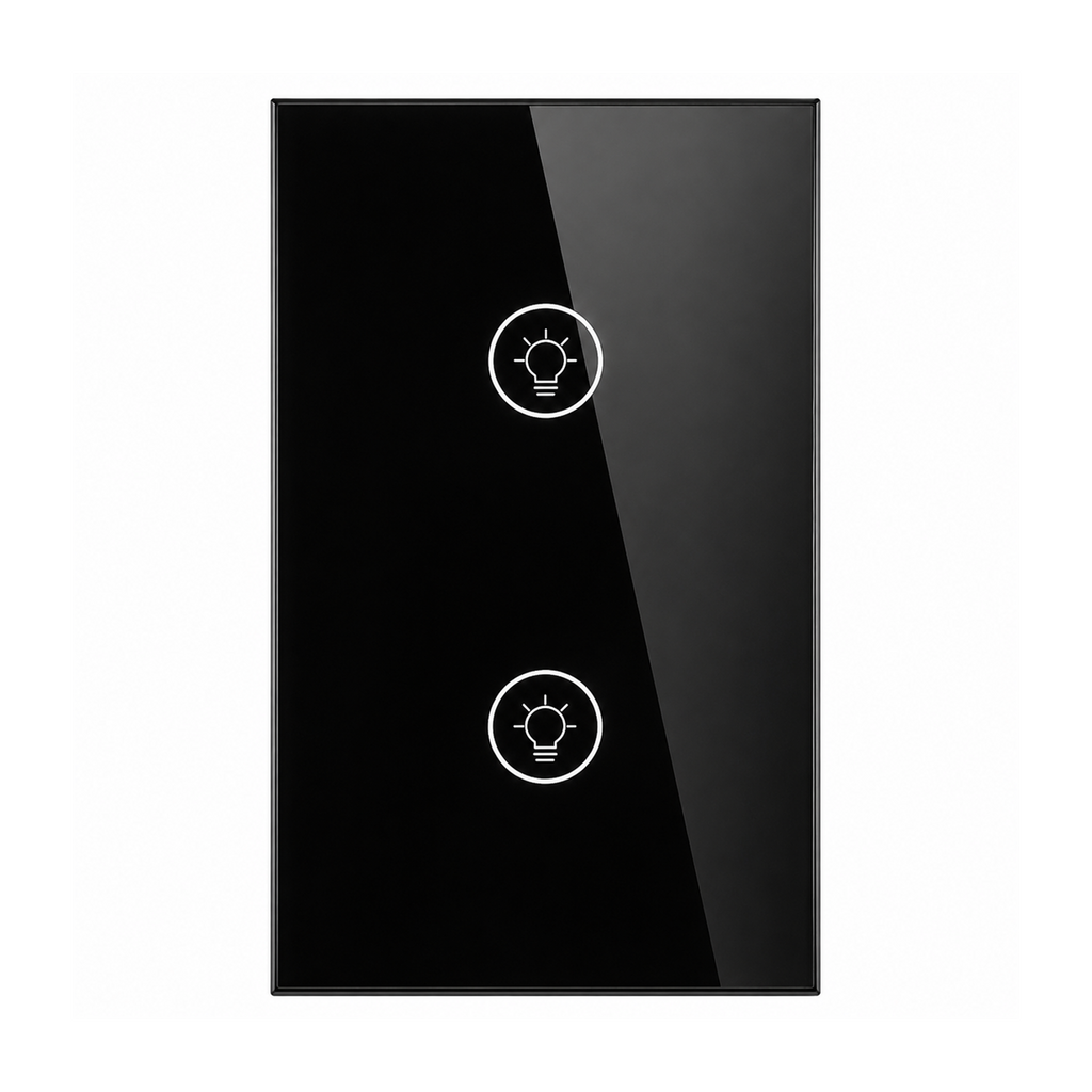 Variateur NéoMulti ZigBee Dimmer format EU noir à deux canaux avec façade tactile sur fond blanc.