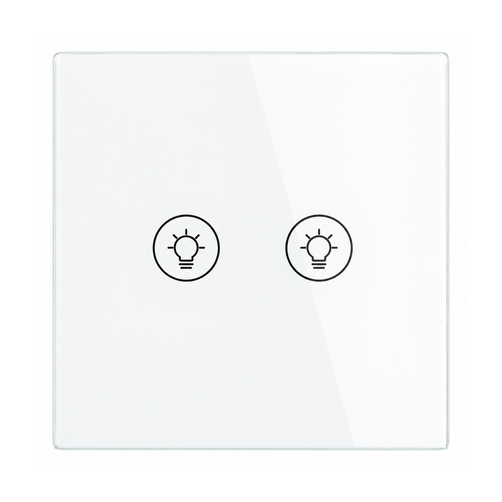 Variateur NéoMulti ZigBee Dimmer format US blanc à deux canaux avec façade tactile sur fond blanc.