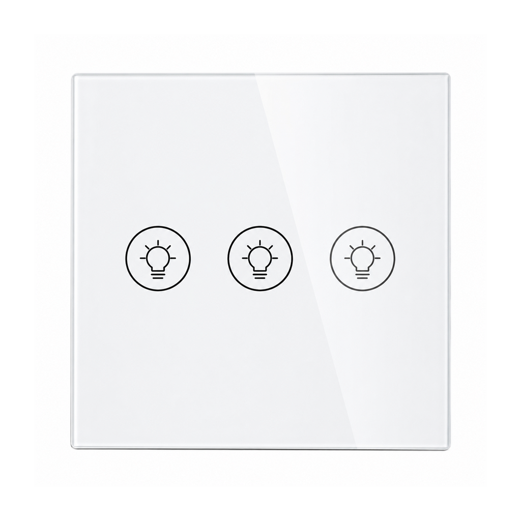 Variateur NéoMulti ZigBee Dimmer format US blanc à trois canaux avec façade tactile sur fond blanc.
