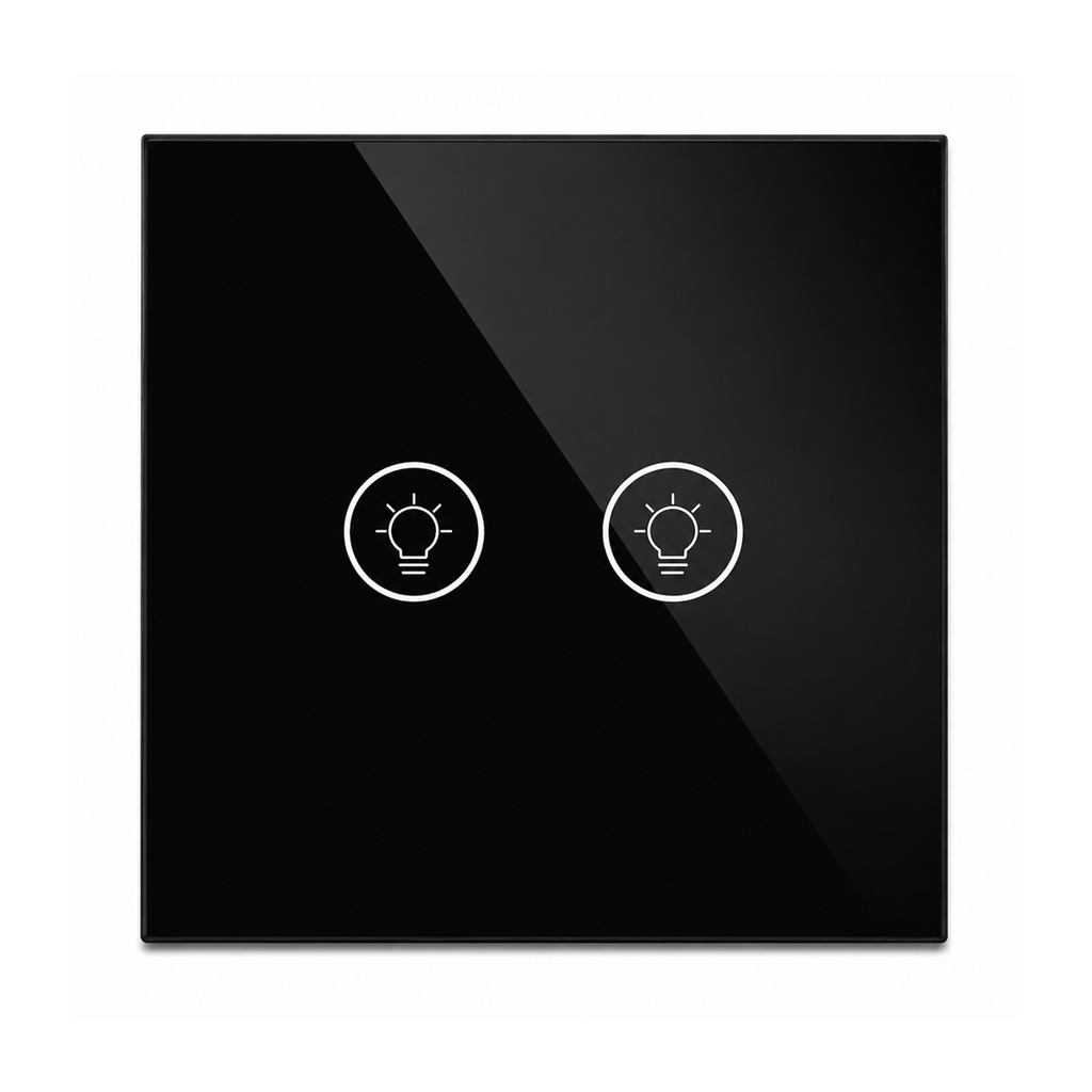 Variateur NéoMulti ZigBee Dimmer format US noir à deux canaux avec façade tactile sur fond blanc.