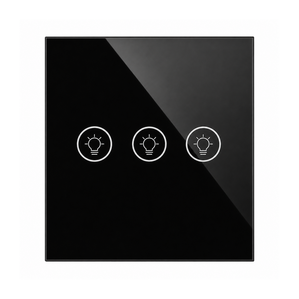Variateur NéoMulti ZigBee Dimmer format US noir à trois canaux avec façade tactile sur fond blanc.