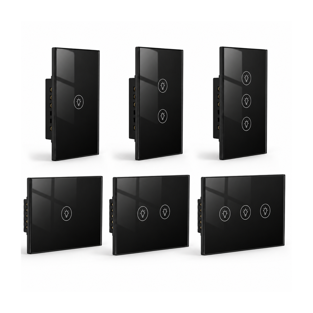 Gamme NéoMulti ZigBee Dimmer noire avec formats US et EU en un, deux et trois canaux sur fond blanc.