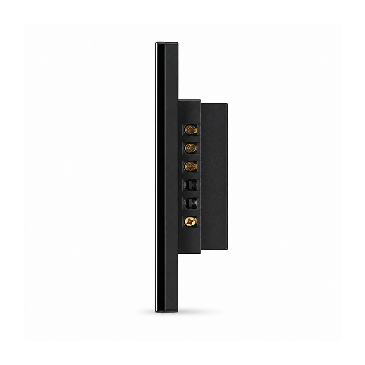 Variateur NéoMulti ZigBee Dimmer noir vu de profil avec bornier de raccordement sur fond blanc.