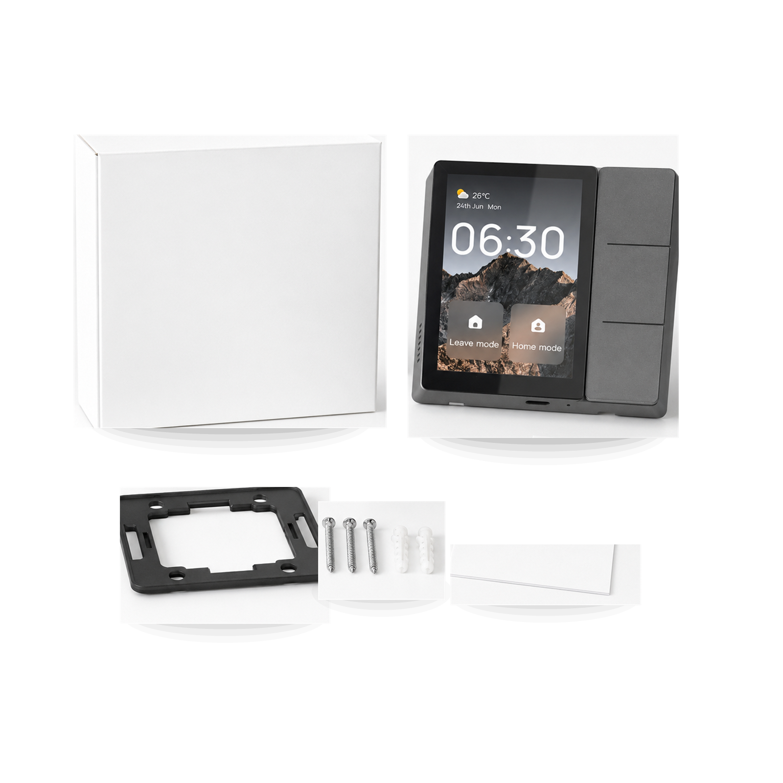Emballage et accessoires du NéoPanel 3.5 Comfort sur fond blanc.