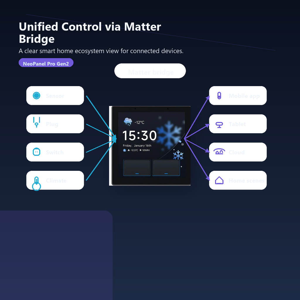 Matter bridge overview for NéoPanel Pro Gen2 with generic smart home ecosystem icons
