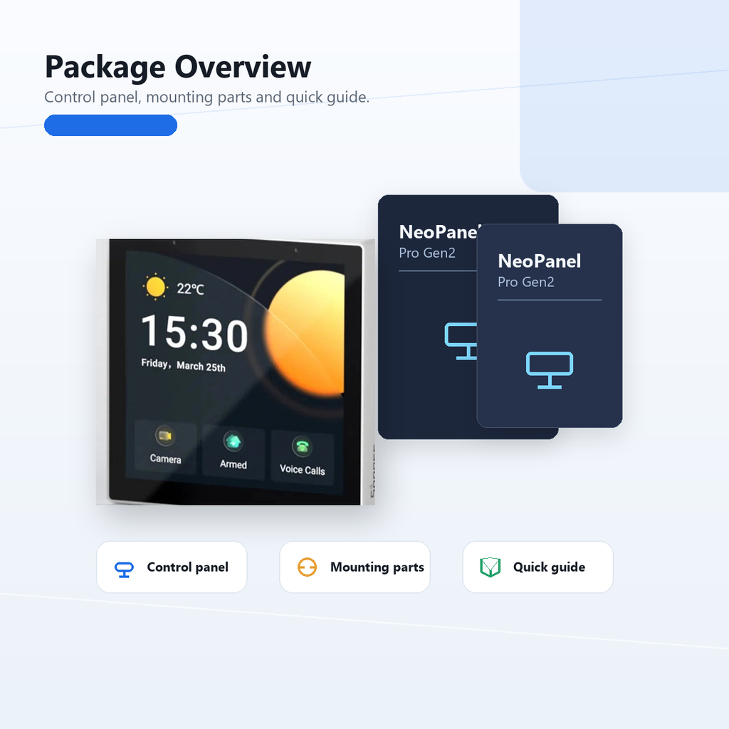 Package overview for NéoPanel Pro Gen2 control panel and included accessories