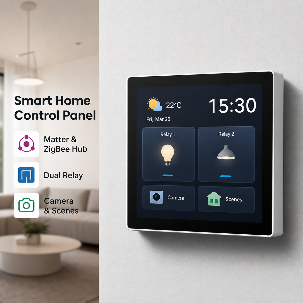 Premium smart home control panel with Matter and ZigBee hub and dual relay