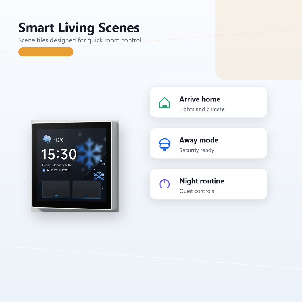 Smart living scenes overview for NéoPanel Pro Gen2 with wall and mobile control
