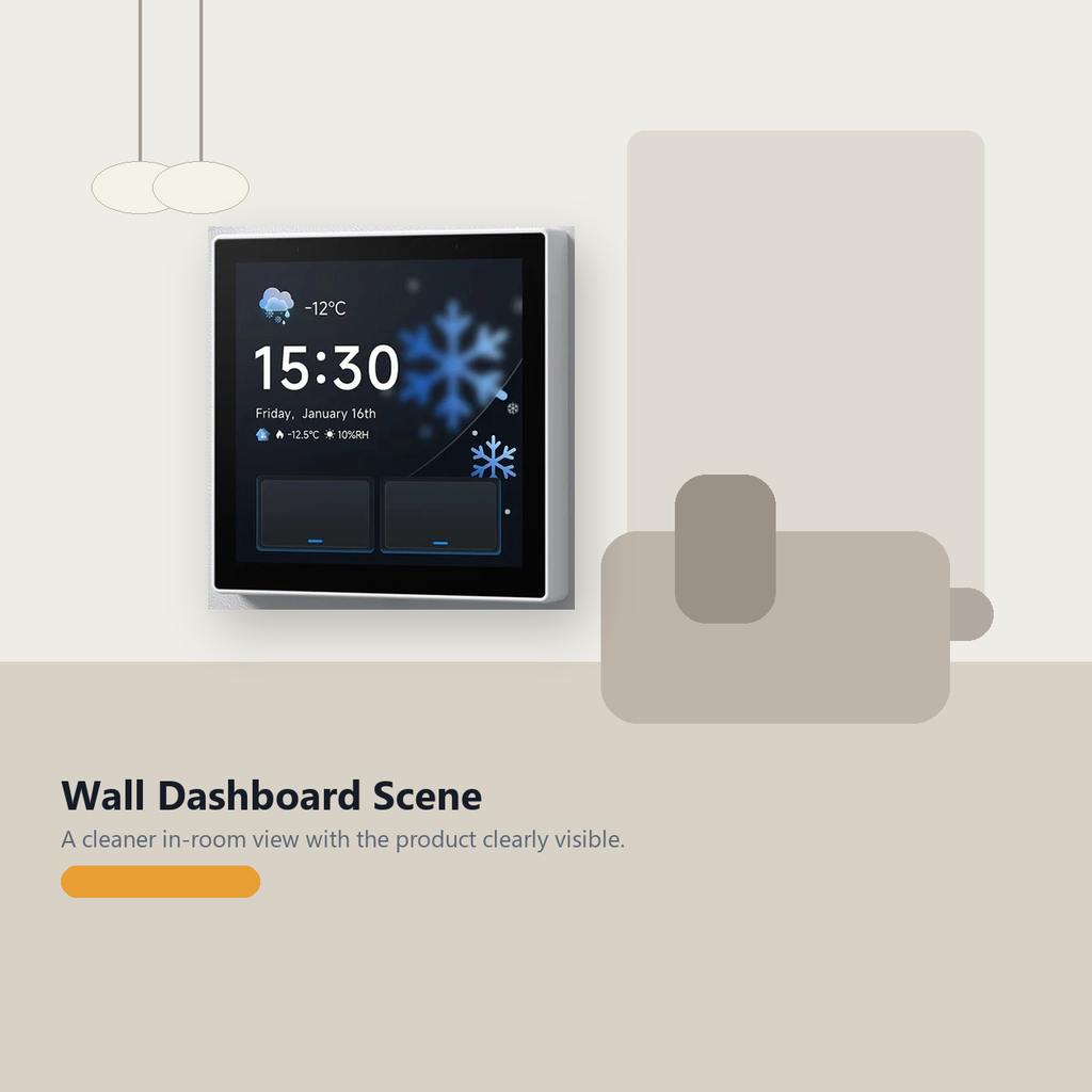Wall dashboard scene showing NéoPanel Pro Gen2 used as a smart home control panel