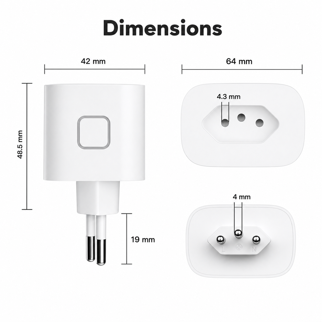 Front and pin dimensions of Brazil Type N smart plug