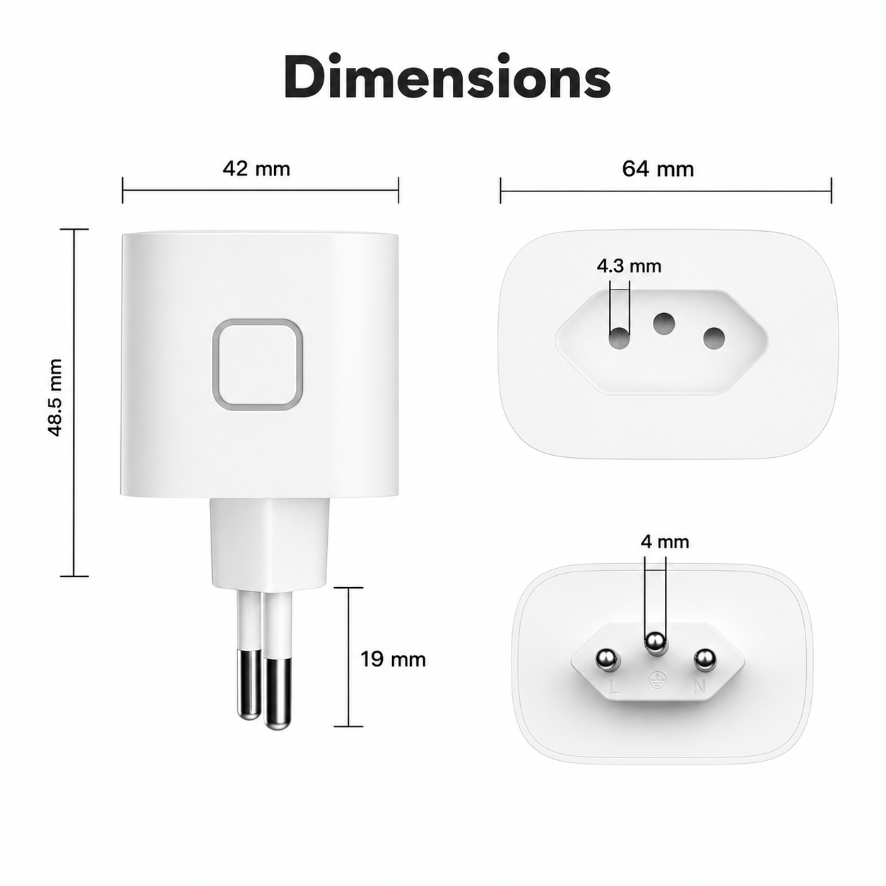 Front and pin dimensions of Brazil Type N smart plug