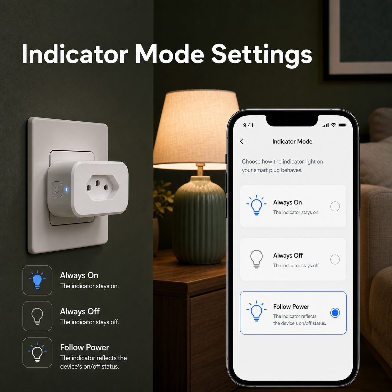Indicator mode settings for Brazil Type N smart plug