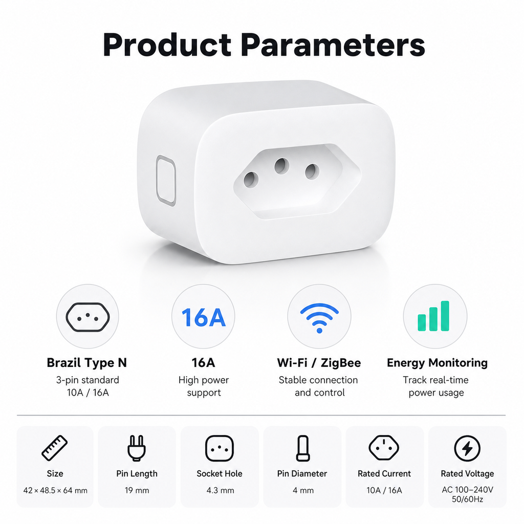 Product parameters overview for Brazil Type N smart plug 16A