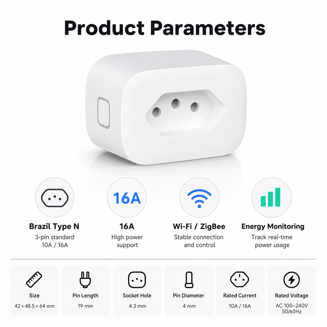 Product parameters overview for Brazil Type N smart plug 16A
