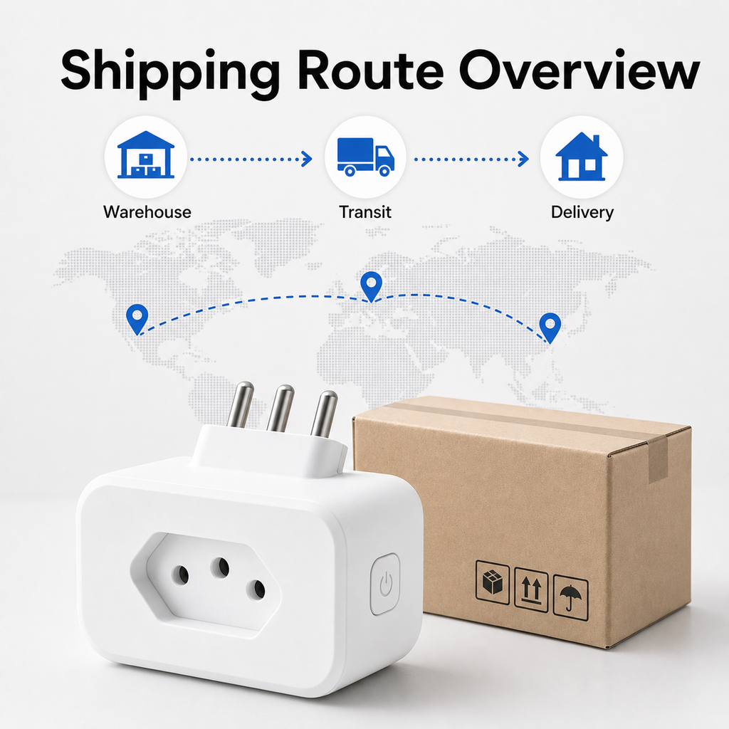 Shipping route overview with Brazil Type N smart plug and package